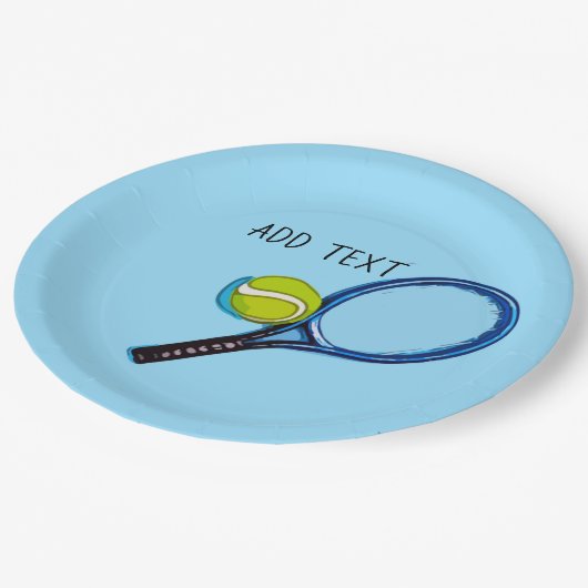 Tennisbal en racket op blauwe achtergrond papieren bordje (Gekanteld)