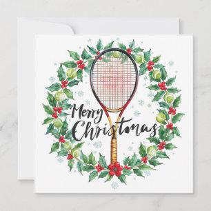 Tennisbal en racket vrolijk kerstfeest feestdagenkaart