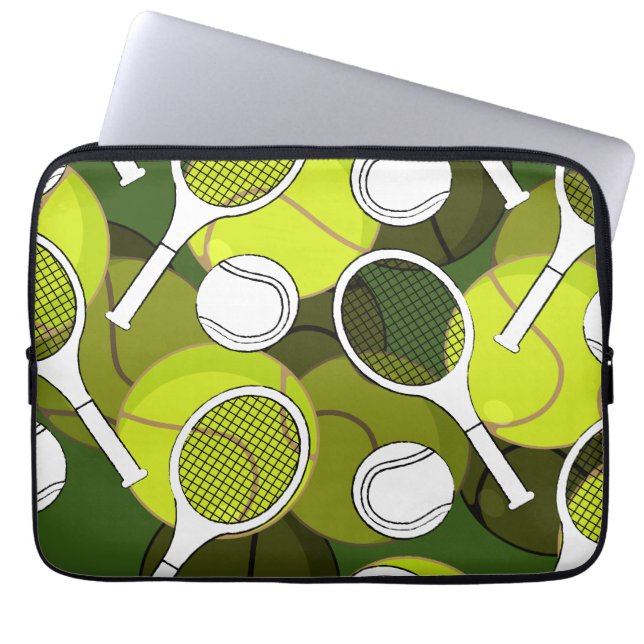 Tennisbal en racket zwarte & witte inkt op groen laptop sleeve (Voorkant)