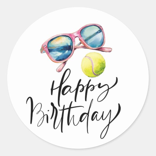 Tennisbal Happy Birthday voor de speler Ronde Sticker (Voorkant)