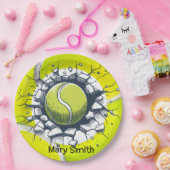 Tennisbal het barsten muur met naam papieren bordje (Feest)