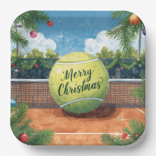 Tennisbal Kerst op achtergrond van het veld Papieren Bordje