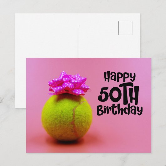Tennisbal met 50ste verjaardagswoord op roze briefkaart (Voorkant / Achterkant)