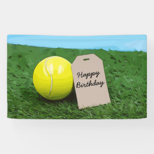 Tennisbal met blanco label Happy Birthday Spandoek