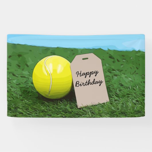 Tennisbal met blanco label Happy Birthday Spandoek (Horizontaal)