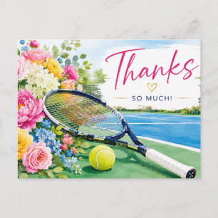 Tennisbal met blauwe racket bedankkaart briefkaart