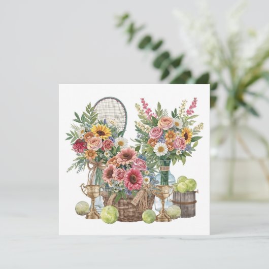 Tennisbal met bloemen van een tennisspeler bedankkaart (Staand voorkant)