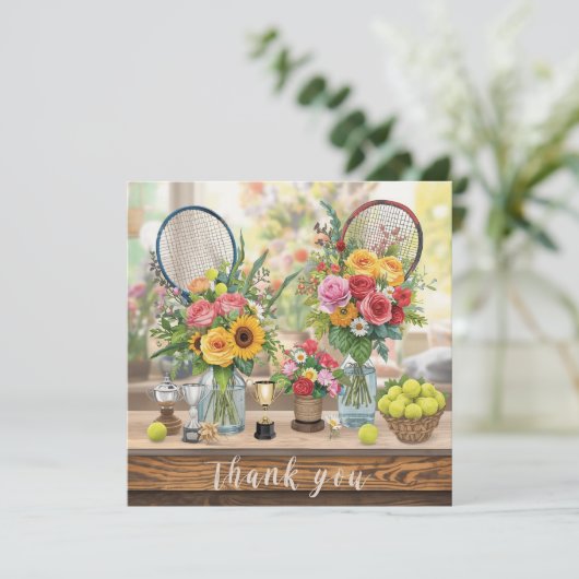 Tennisbal met bloemen van een tennisspeler bedankkaart (Staand voorkant)