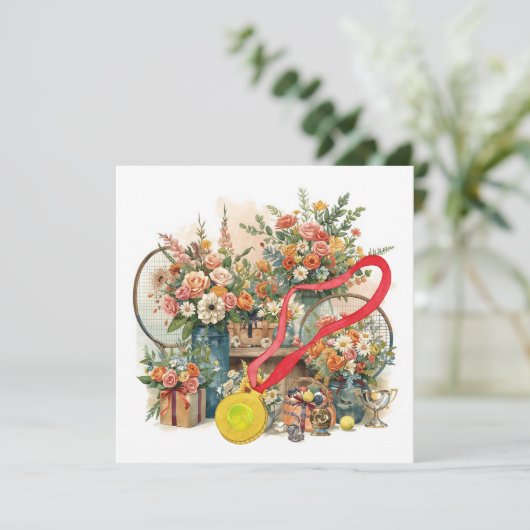 Tennisbal met bloemen van een tennisspeler bedankkaart (Staand voorkant)