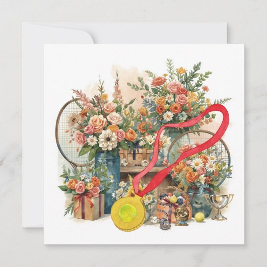 Tennisbal met bloemen van een tennisspeler bedankkaart (Voorkant)