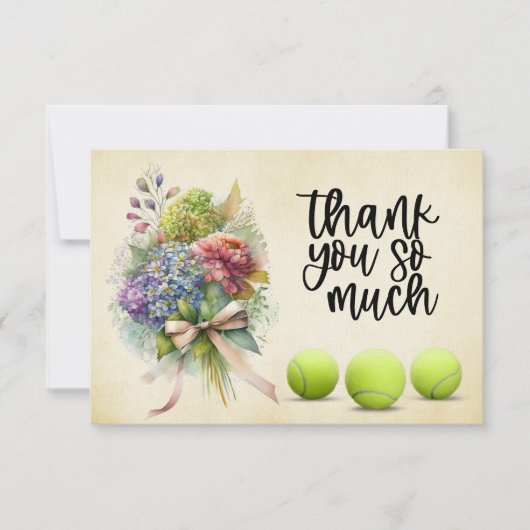 Tennisbal met bos bloemen van speler bedankkaart (Voorkant)