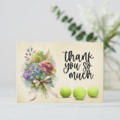 Tennisbal met bos bloemen van speler bedankkaart (Staand voorkant)