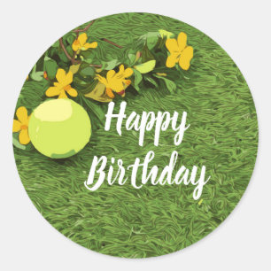 Tennisbal met gele bloem verjaardag ronde sticker