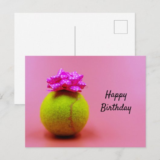 Tennisbal met gelukkig verjaardagswoord op roze briefkaart (Voorkant / Achterkant)