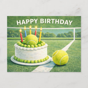 Tennisbal met happy birthday en cake op groen briefkaart