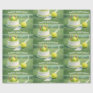 Tennisbal met happy birthday en cake op groen cadeaupapier