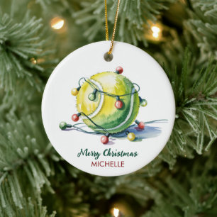 Tennisbal met Kerstmanhoed Aangepaste Kerstmis     Keramisch Ornament