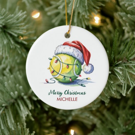 Tennisbal met kerstmuts Aangepaste Kerstmis Keramisch Ornament (Boom)