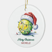 Tennisbal met kerstmuts Aangepaste Kerstmis Keramisch Ornament (Links)
