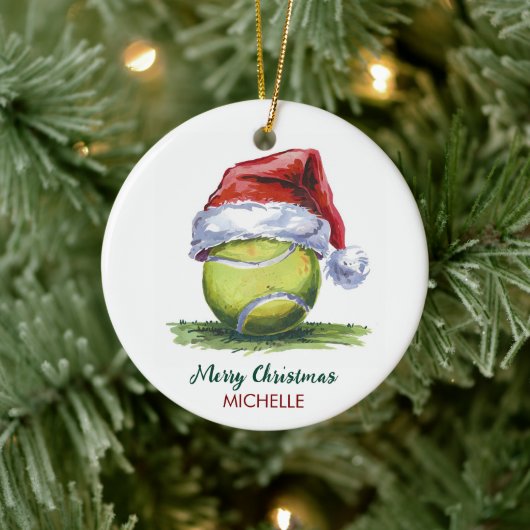 Tennisbal met kerstmuts Aangepaste Kerstmis Keramisch Ornament (Boom)