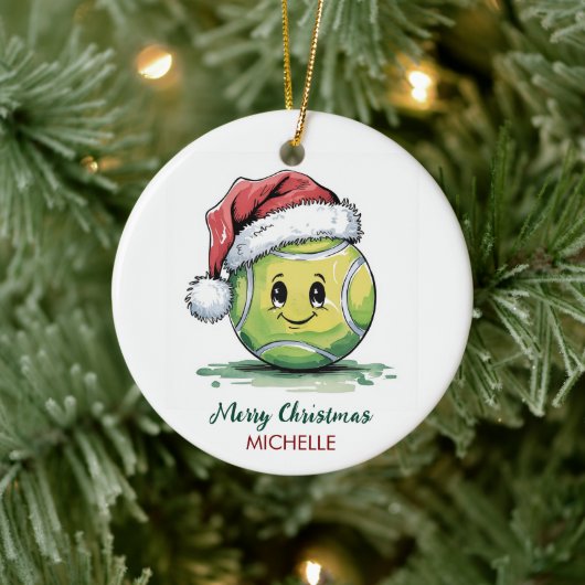 Tennisbal met kerstmuts Aangepaste Kerstmis Keramisch Ornament (Boom)