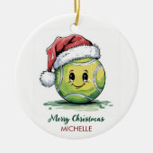 Tennisbal met kerstmuts Aangepaste Kerstmis Keramisch Ornament (Voorkant)