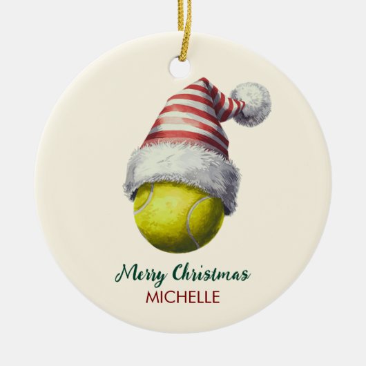 Tennisbal met kerstmuts Aangepaste Kerstmis Keramisch Ornament (Voorkant)