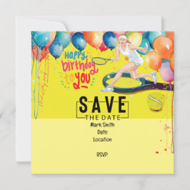 Tennisbal met racket op geel Verjaardag Kaart