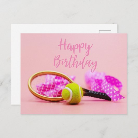 Tennisbal met racket op roze pastel verjaardag briefkaart (Voorkant / Achterkant)