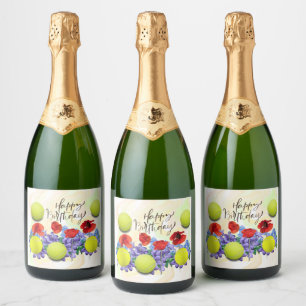 Tennisbal met veel bloem voor de verjaardag sparkling wijnetiket