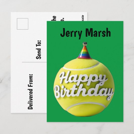 Tennisbal met verjaardagshoedje briefkaart (Voorkant / Achterkant)