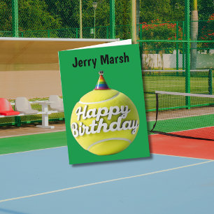 Tennisbal met verjaardagshoedje kaart