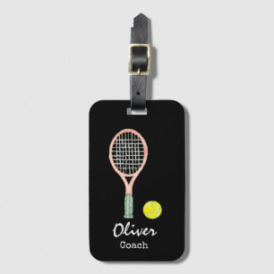 Tennisballen en racket op label met zwarte tas bagagelabel