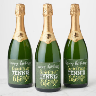 Tennisballen Levende tennis Happy Birthday Sparkling Wijnetiket