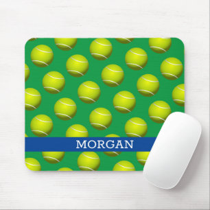 Tennisbalpatroon, witte naam, blauw en groen muismat