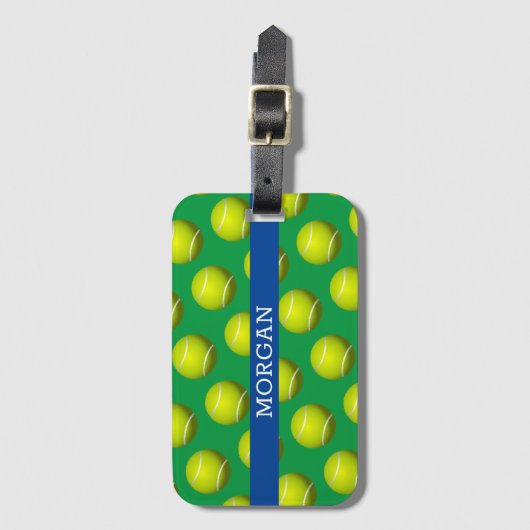 Tennisbalpatroon, witte naam, blauw & groen bagagelabel (Voorkant (verticaal))