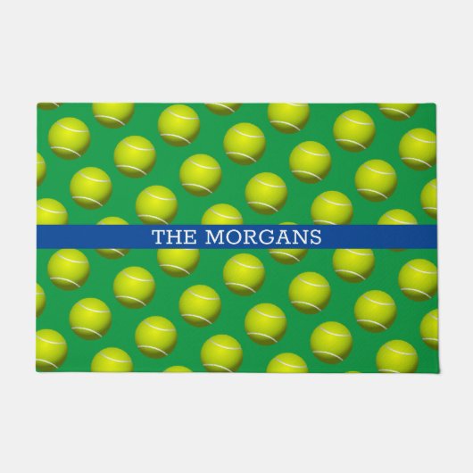 Tennisbalpatroon, witte naam, blauw & groen deurmat (Voorkant)