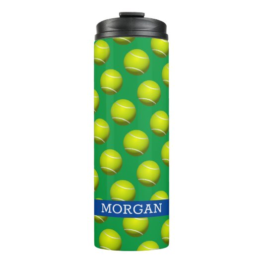 Tennisbalpatroon, witte naam, blauw & groen thermosbeker (Voorkant)
