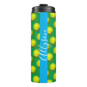 Tennisbalpatroon, witte naam, hemelsblauw & groen thermosbeker
