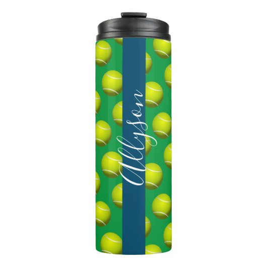 Tennisbalpatroon, witte naam Ocean Blue & Green Thermosbeker (Voorkant)