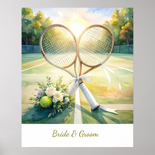 Tennisbruiloft met racket op het veld poster (Voorkant)