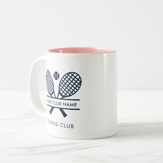Tennisclub Naam Navy Blue Logo Custom Sports Tweekleurige Koffiemok (Voorkant links)