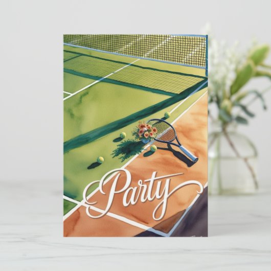 Tennisfeest uitnodiging met racket op het veld (Staand voorkant)
