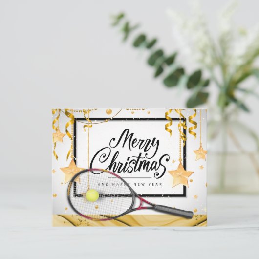 Tenniskerst en nieuwjaar met racket en bal feestdagenkaart (Staand voorkant)