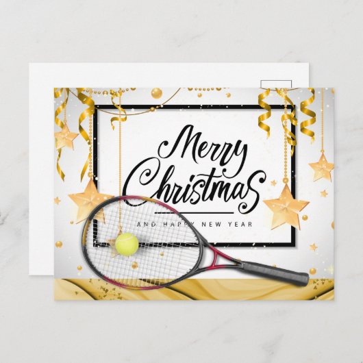 Tenniskerst en nieuwjaar met racket en bal feestdagenkaart (Voorkant / Achterkant)