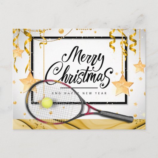 Tenniskerst en nieuwjaar met racket en bal feestdagenkaart (Voorkant)