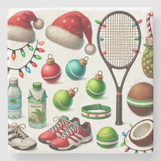 Tenniskerstthema met racket en kerstmuts stenen onderzetter (Voorkant)