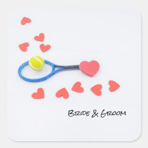 Tennisliefde met tennisbal en racket bruiloft vierkante sticker
