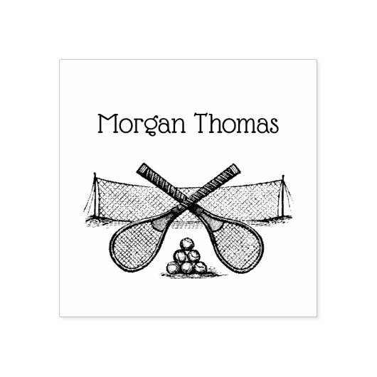 Tennisnet uit de oude doos, Gekruiste Rackets, Bal Rubberstempel (Afrduk)