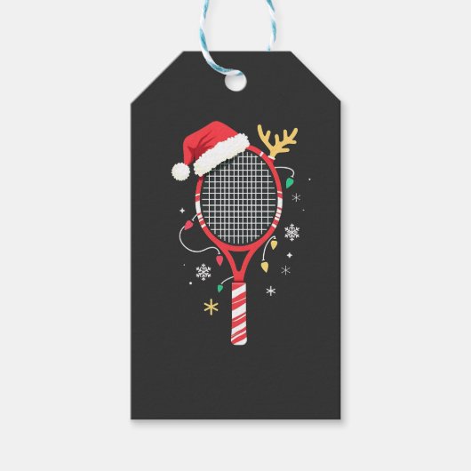 Tennispeddel met kerstmuts en kerstverlichting cadeaulabel (Voorkant)
